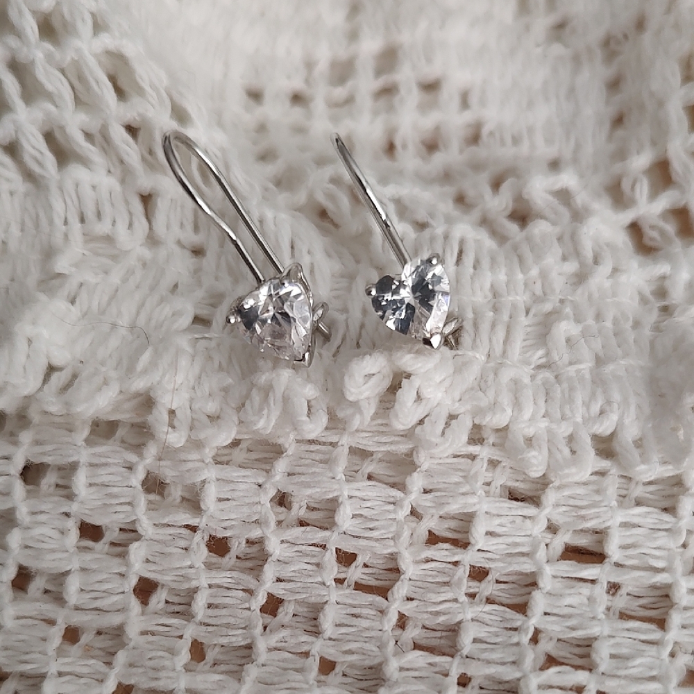 Sterling Silver Heart Crystal Drop Earrings in White